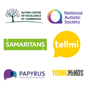 Logos for the Autism Centre of Excellence at Cambridge, National Autistic Society, Samaritans, Tellmi, Papyrus and YoungMinds